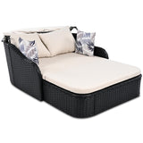 Merax Outdoor Patio Rattan Daybed Sunbed with Adjustable Canopy, Double Lounge Sun Bed with Cushion for Pool/Backyard/Porch, Beige+ Black Merax