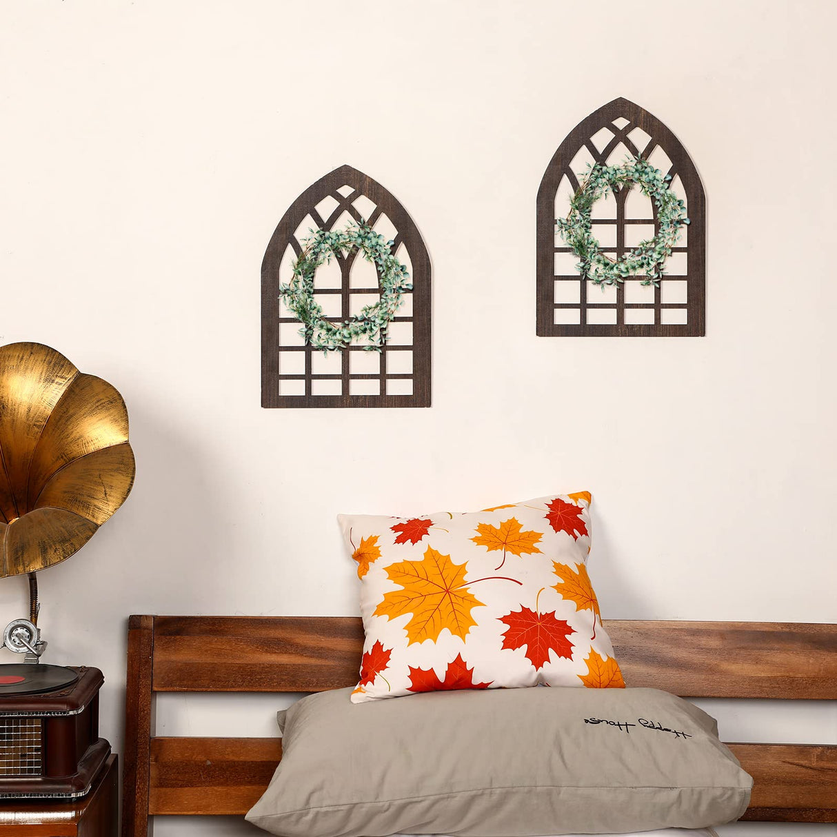 Yulejo 2 Pcs Rustic Window Frame Wall Decor Wooden Farmhouse Wall Decor 15.75'' x 11'' Arched Cathedral Window Home Decor Fake Window Pane Wall Art for Entryway Living Room Bedroom(Dark Brown) Yulejo