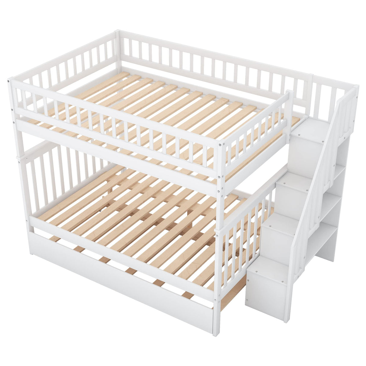 BIADNBZ Full Over Full Bunk Bed with Trundle and Storage Staircase, Solid Wood Bunkbeds can be Divided into 2 Platform Bedframes, for Kids Teens Adults Bedroom, White BIADNBZ