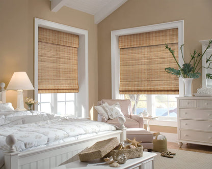 LazBlinds Cordless Custom Light Filtering Bamboo Roman Shades - Brown, No Tools or Drilling Required