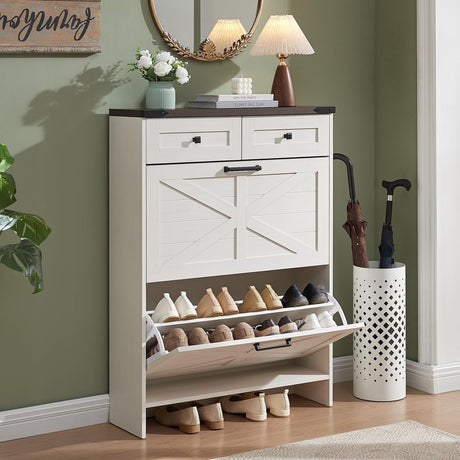 Barnyatoh Shoe Cabinet Storage for Entryway, Farmhouse Hidden Shoe Organizer with 2 Flip Drawers & 2 Drawers,Narrow Shoe Rack for Front Door Entrance with Adjustable Shelves (Antique White) Barnyatoh