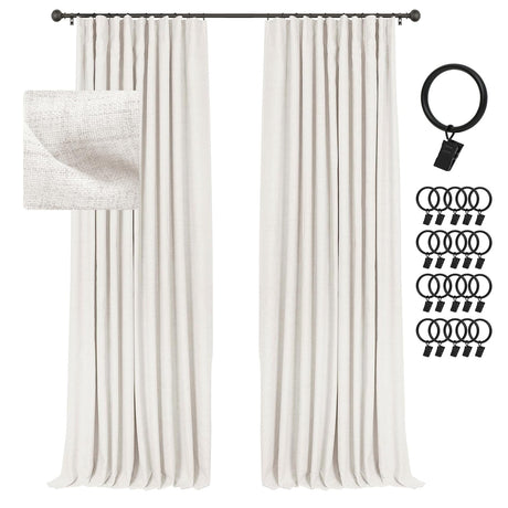 INOVADAY 100% Blackout Curtains for Bedroom, Black Out Curtains Clip Rings/Rod Pocket Linen Blackout Drapes 2 Panels Set, Thermal Insulated Drapes for Living Room, Beige, W50 x L108 INOVADAY