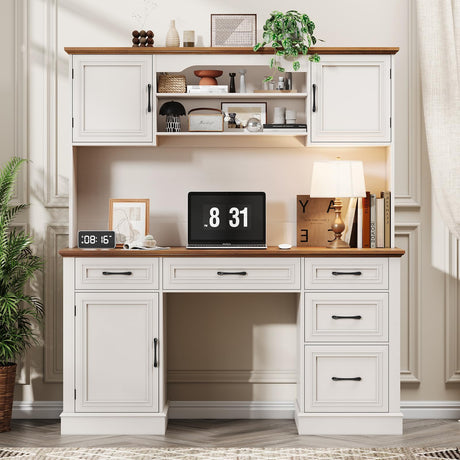 Vabches 67" H Farmhouse Executive Desk with Hutch. Wood Workstation with 5 Drawers, Storage Cabinet, File Drawers and Charging Station, Ideal as Office Desk, Computer Desk for Home Office and Study Vabches