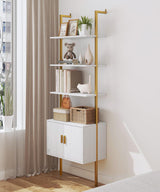 Yusong 73" Tall Bookshelf with Cabinet, Industrial Ladder Wall Mount Shelf Bookcase with Wood and Metal Frame, Plant Shelf Wall Storage Display for Living Room Bedroom, White Gold Yusong