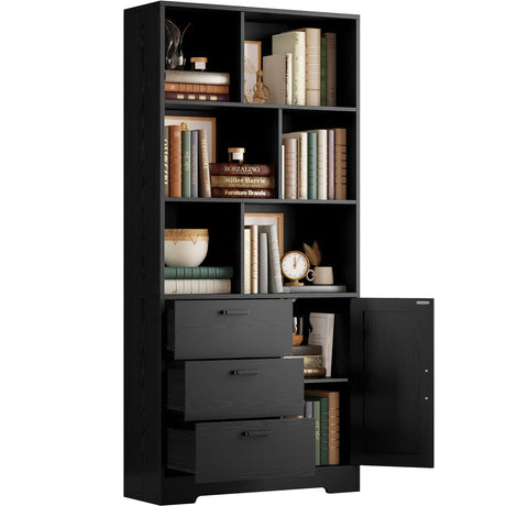 IRONCK Bookshelf with Drawers, 70.9 inch Tall Bookcase with Doors, Bookshelves and Bookcases with Storage, Bookshelf with 6 Open Cubes for Home Office, Living Room, Study, Black IRONCK