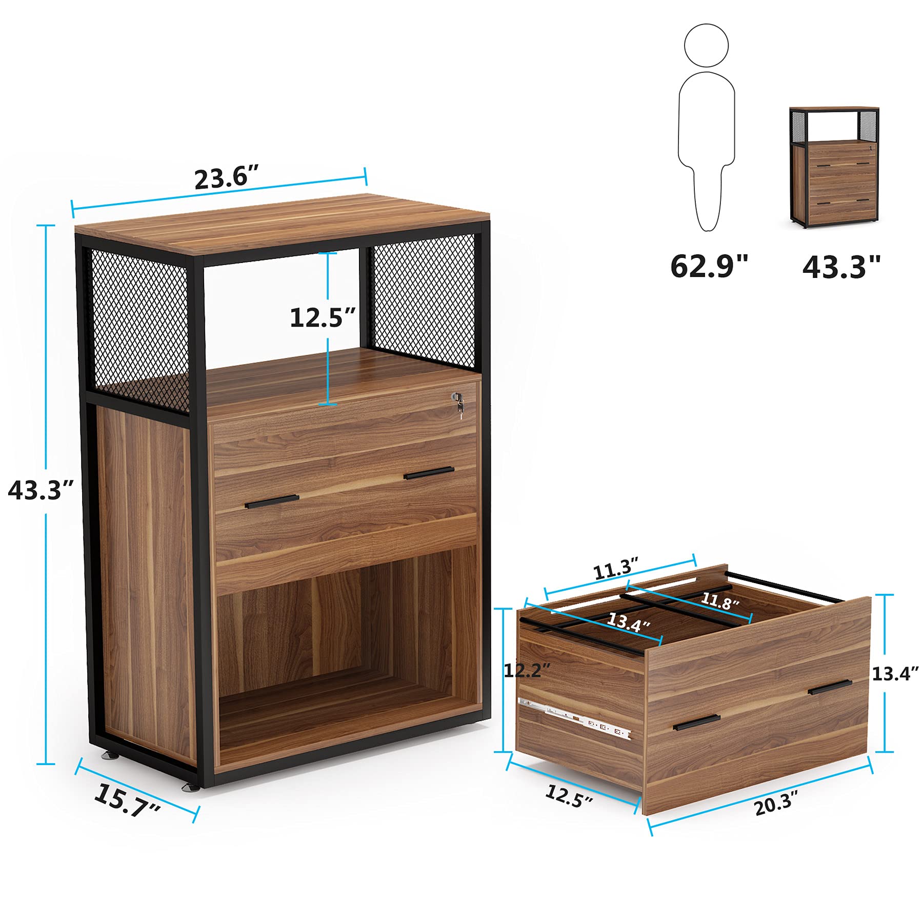 Tribesigns 2 Drawer Lateral File Cabinet with Lock, Letter/Legal / A4 Size, Large Rustic Filing Cabinet Printer Stand with Metal Wire Open Storage Shelves for Home Office (Walnut) - WoodArtSupply