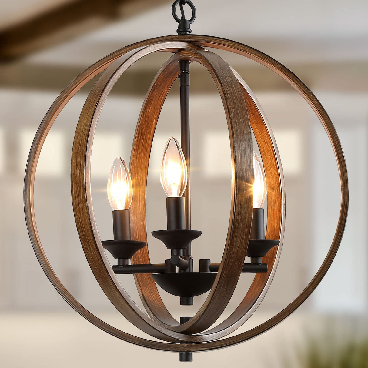 LOG BARN Farmhouse Chandeliers, Faux-Wood Globe Hanging 3-Light Fixture for Dining & Living Room, Bedroom, Foyer and Entryway LOG BARN