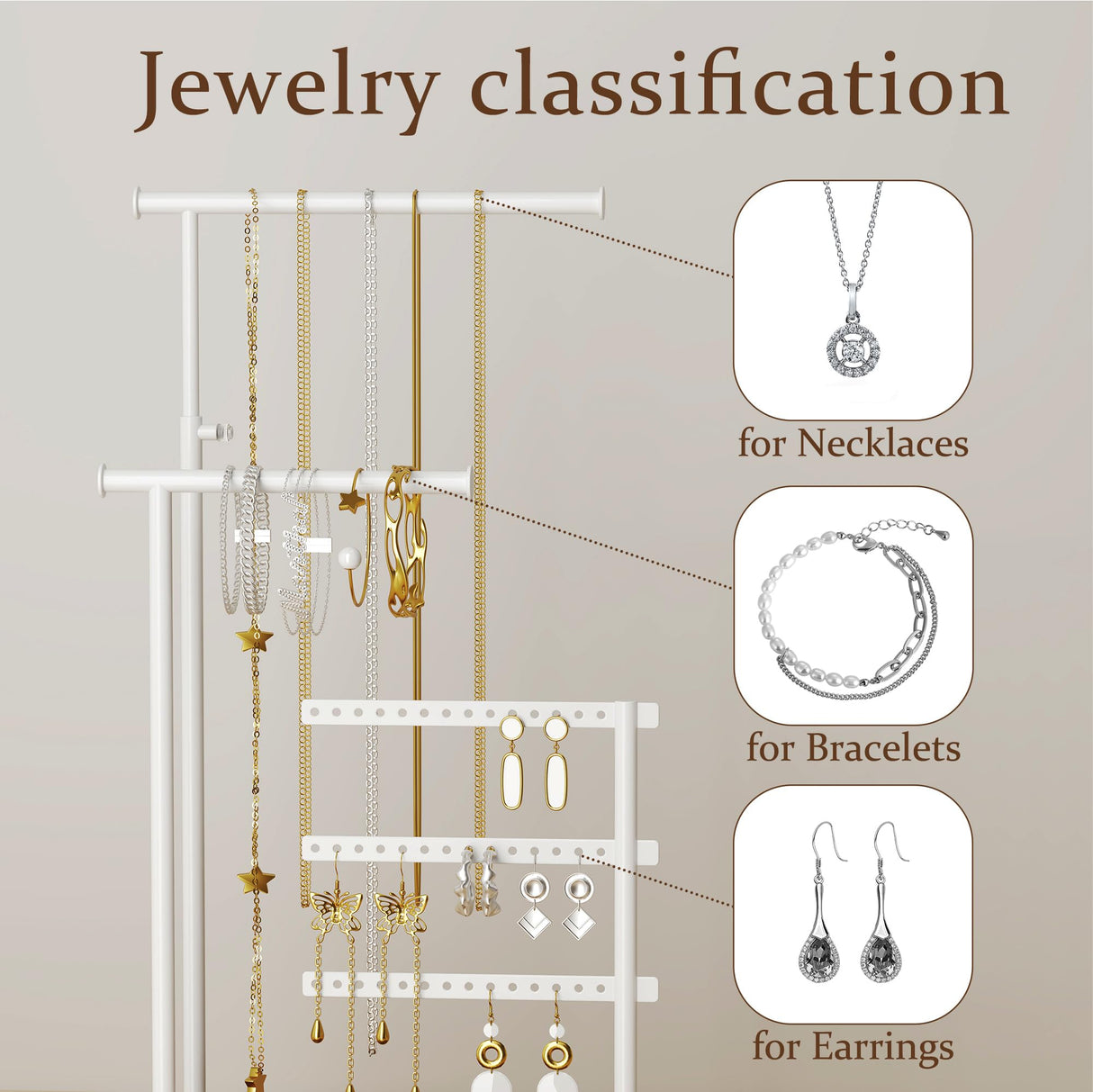 susswiff Jewelry Holder Organizer Stand - Adjustable Tall 17.5" (Max), Sturdy Jewelry Hanger for Necklaces, Earrings, Bracelets, Rings, Jewlery Display and Storage, White, Metal susswiff