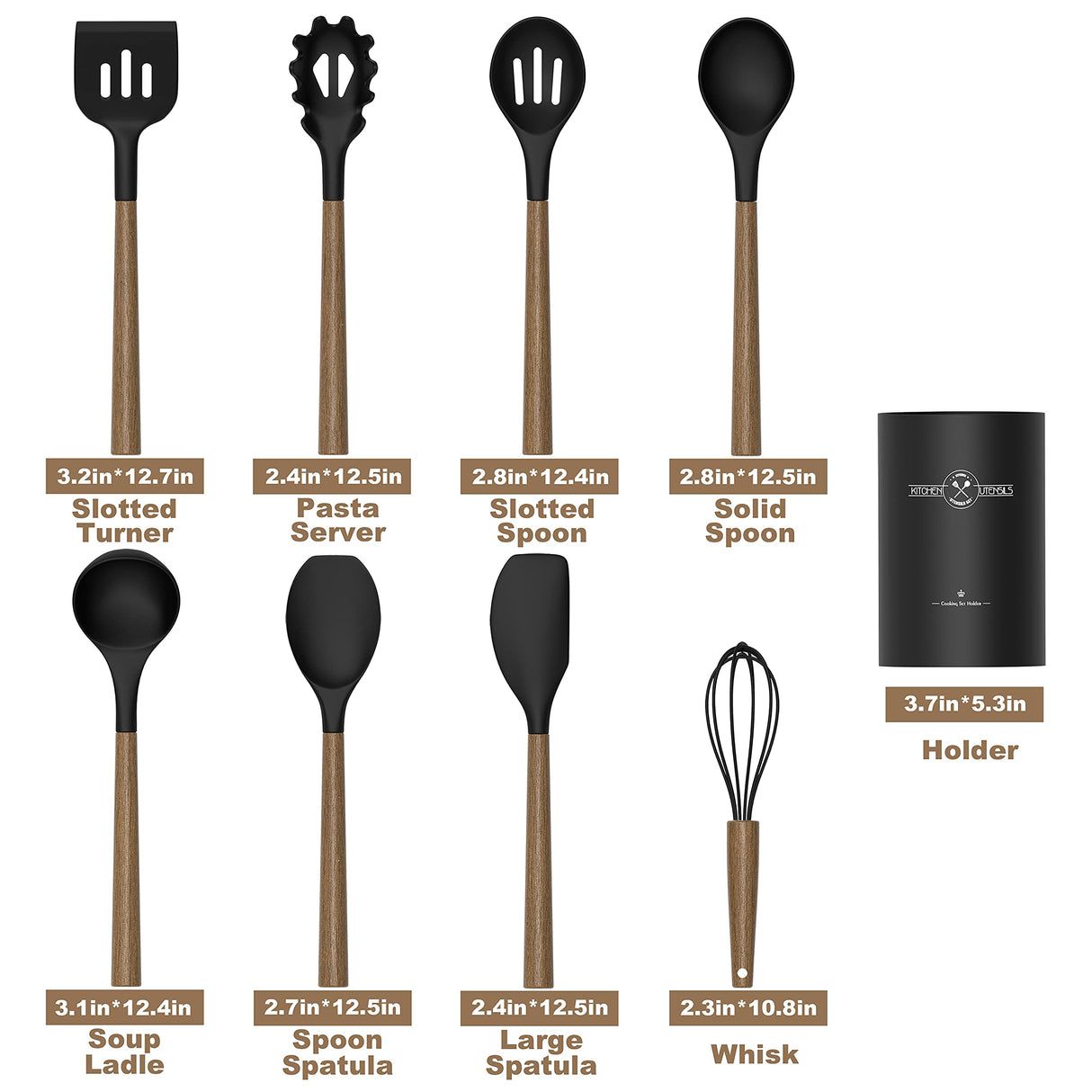 Silicone Kitchen Cooking Utensil Set, 9Pcs Kitchen Utensils Spatula Set with Wooden Handle for Nonstick Cookware, 446°F Heat Resistant Silicone Kitchen Gadgets Utensil Set with Large Holder（Black） CACOLES