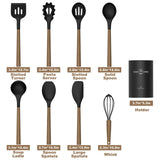 Silicone Kitchen Cooking Utensil Set, 9Pcs Kitchen Utensils Spatula Set with Wooden Handle for Nonstick Cookware, 446°F Heat Resistant Silicone Kitchen Gadgets Utensil Set with Large Holder（Black） CACOLES