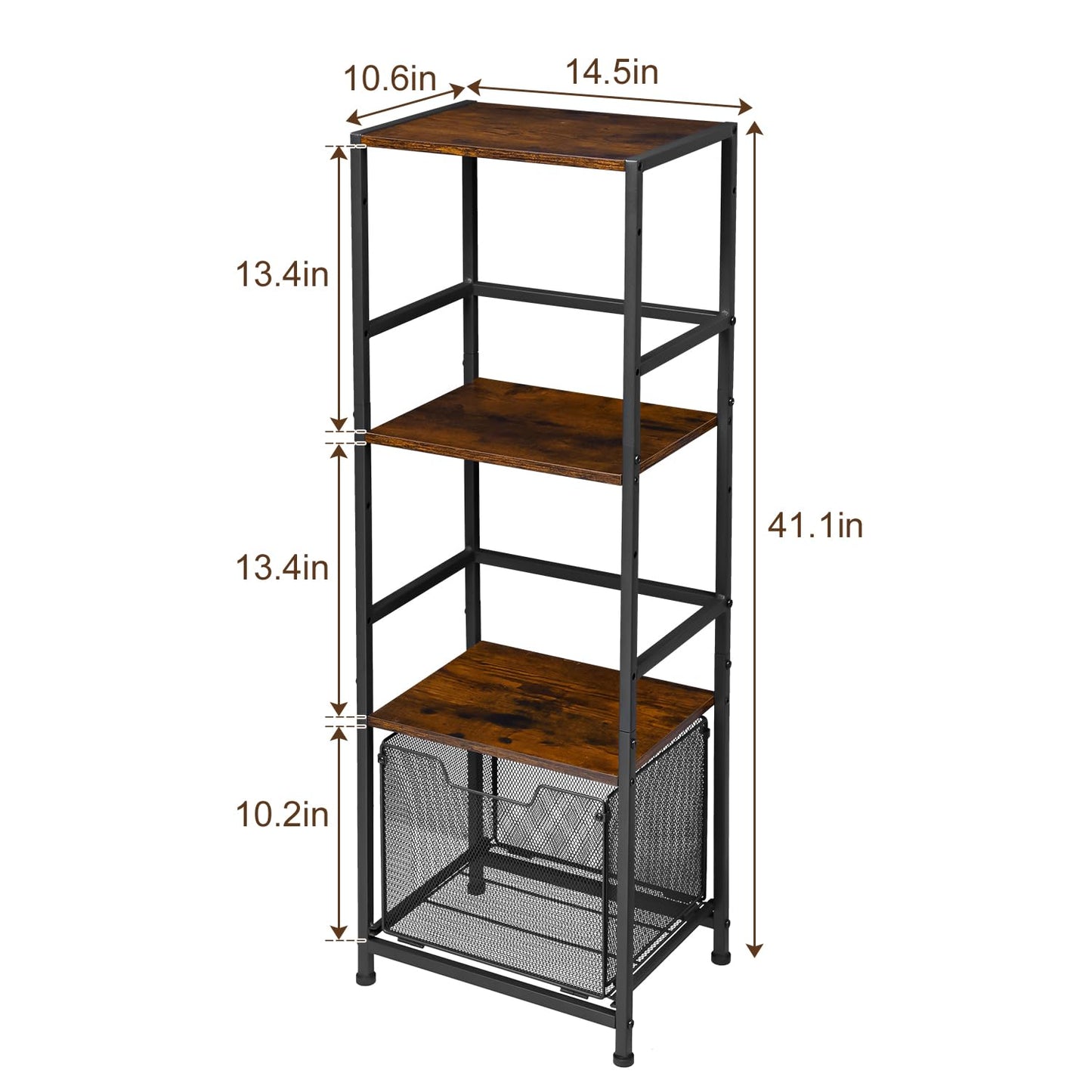 4-Tier Bathroom Storage Shelves, Retro Shelving Unit and Storage Bathroom Rack, Iron Wood Combination Heavy Duty Bathroom Stand with Drawer, Freestanding Tall Shelf for Bathroom, Kitchen, Laundry