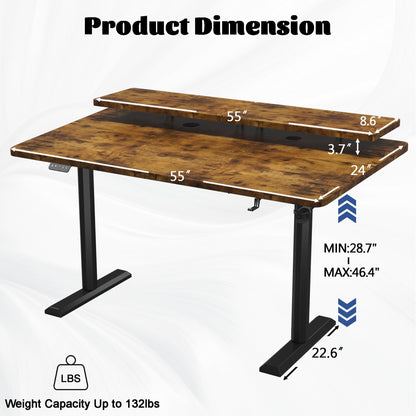 Shahoo Electric Standing Desk with Monitor Shelf, 55 x 24 Inches Height Adjustable Corner Table, Computer Workstation with Cup Holder and Hook for Home Office, Brown, 55x24 Inch, Rustic Brwon - WoodArtSupply