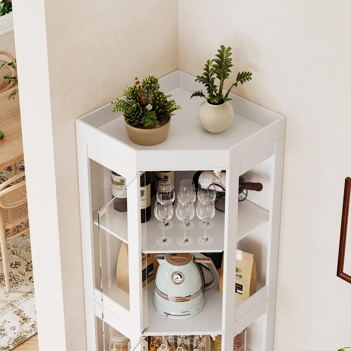 UKAOCAI 70''H Tall Corner Cabinet with Glass Doors,Farmhouse Storage Cabinet with 4 Shelves & Top Guard Rail,Home Pantry Hutch for Bar,Kitchen, Dining Living Room, Bathroom, White UKAOCAI