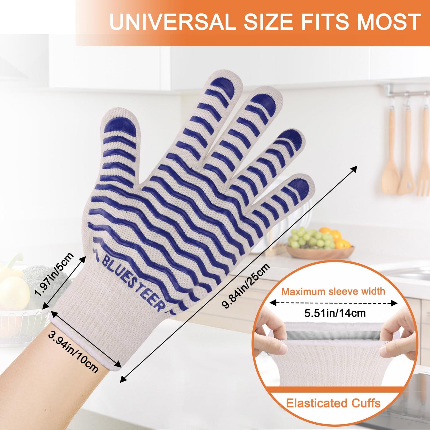 Oven Gloves, 932°F Heat Resistant Gloves, Oven Mitts with Fingers, Grill Gloves Heat Proof for Men Women, BBQ Gloves Silicone Grip, BLUESTEER Fireproof Gloves for Kitchen Cooking, Grilling, Baking