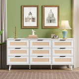 UEV Rattan 9 Drawer Triple Dresser for Bedroom,63" White Dresser TV Stand for TVs up to 75",Wide Chest of Drawers,Large Storage Long Dresser with Modern Rattan Drawers for Living Room UEV