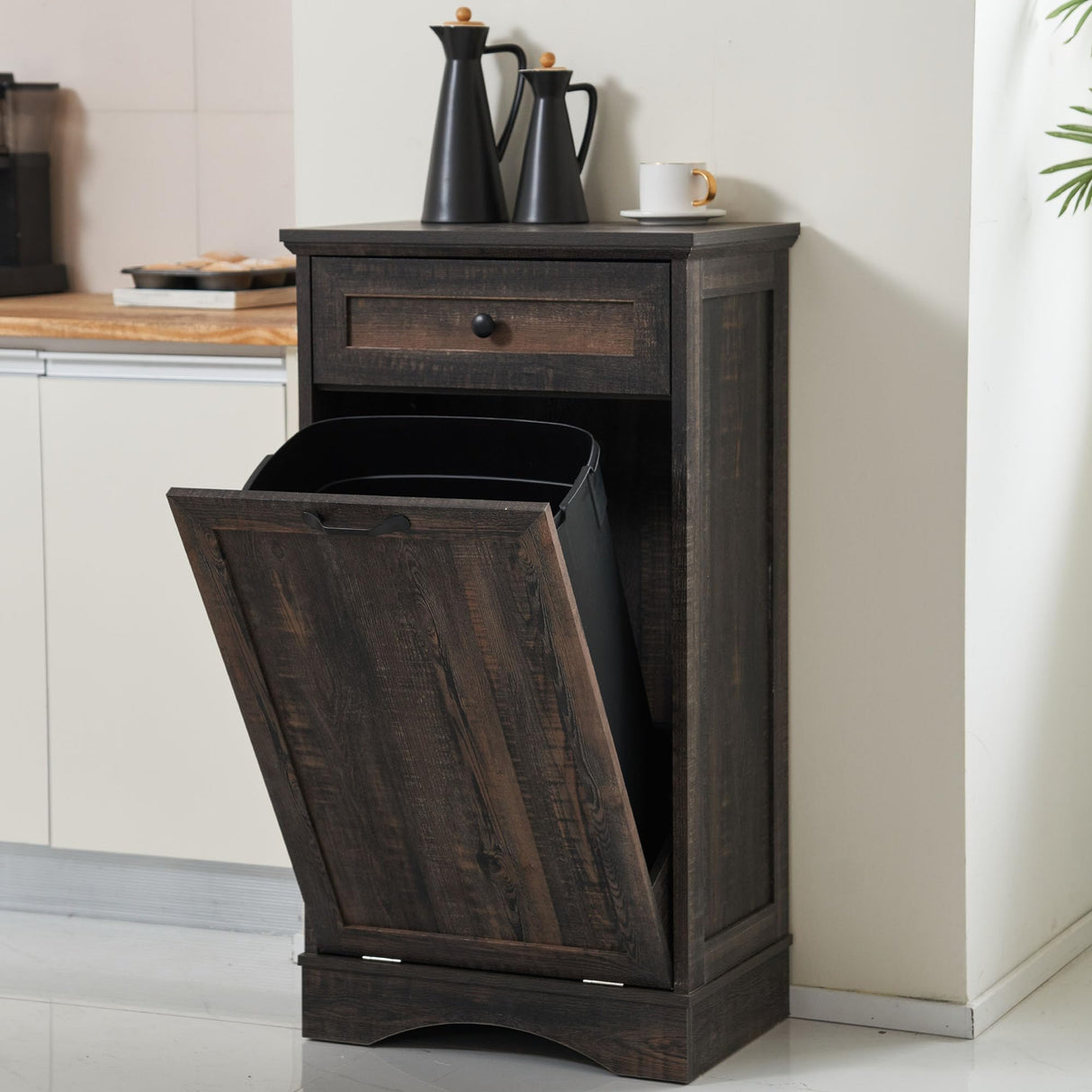 OUTGUAVA 13 Gallons Tilt Out Trash Cabinet Freestanding Kitchen Trash Bin Cabinet Wood Garbage Recycling Cabinet with Hideaway Drawer Pet Proof Trash Can Holder for Kitchen Living Room, Rustic Brown OUTGUAVA