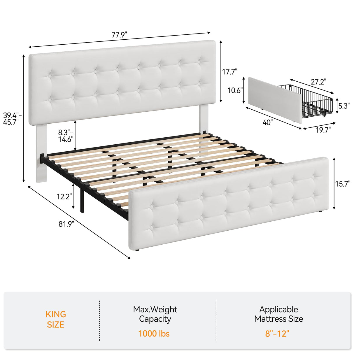 IDEALHOUSE King Size Bed Frame with 4 Storage Drawers and Headboard, Faux Leather Upholstered Platform Bed Frame with Wooden Slats Support, Button Tufted Design, No Box Spring Needed, White IDEALHOUSE