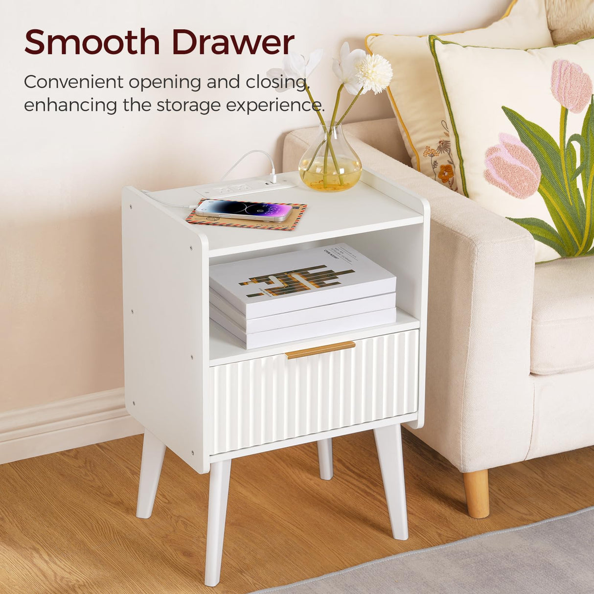 MAHANCRIS End Table Living Room Fluted Night Stand, 15.9" Modern Side Table with Charging Station，Bedside Table with Drawer for Small Spaces, Bedroom, White ETWT61E01 MAHANCRIS