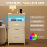 Yetom Nightstand with Charging Station Set of 2, LED Night Stand with3 Fabric Drawers, Side Table with Open Shelf, End Table with Steel Frame, 3 Drawer Dresser for Bedroom, White YeTom