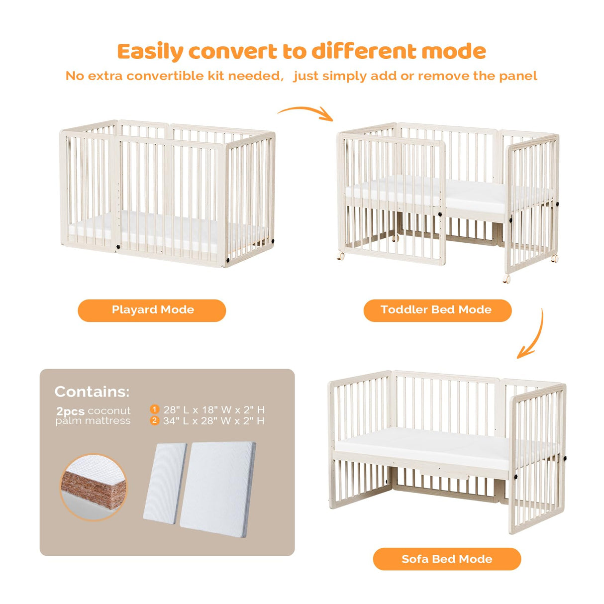 JOYMOR 8-in-1 Convertible Crib with 2" Mattress, Convert from Bassinet, Mid Crib to Full Size Crib, Height Adjustable, Easily Convert to Toddler Bed JOYMOR