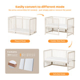 JOYMOR 8-in-1 Convertible Crib with 2" Mattress, Convert from Bassinet, Mid Crib to Full Size Crib, Height Adjustable, Easily Convert to Toddler Bed JOYMOR