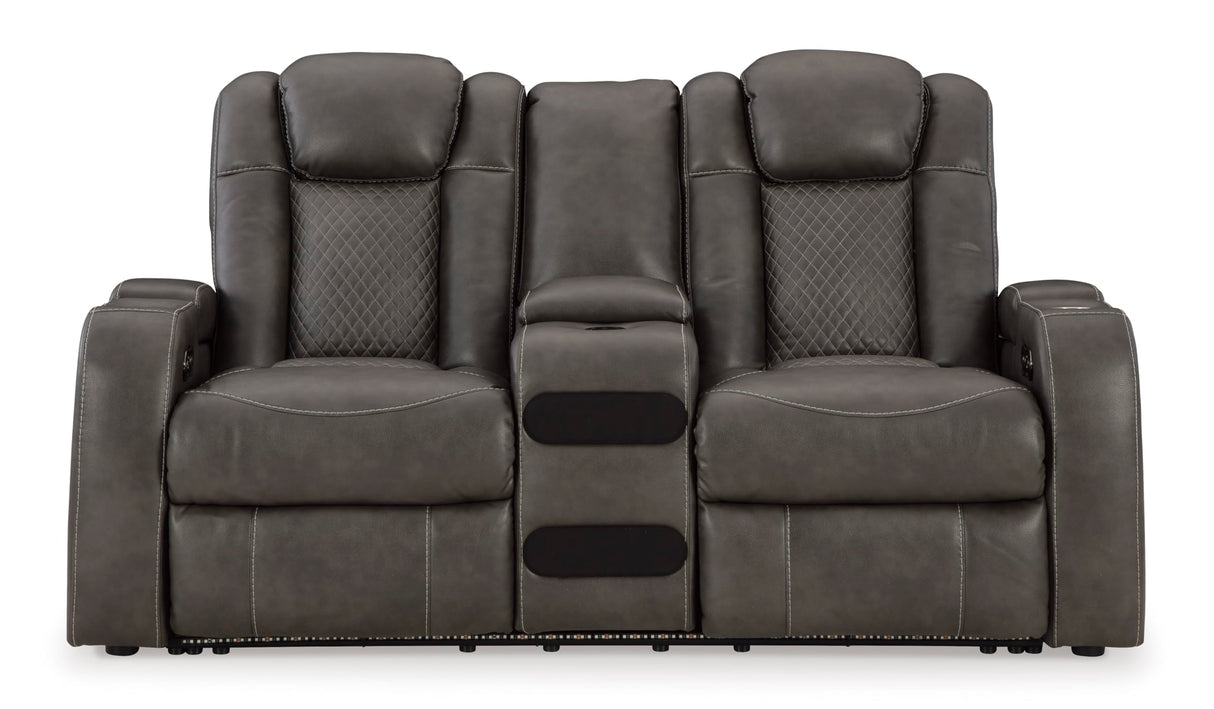 Signature Design by Ashley Fyne-Dyme Contemporary Power Reclining Loveseat with Console, USB Charging Ports and Adjustable Headrest, Gray Signature Design by Ashley