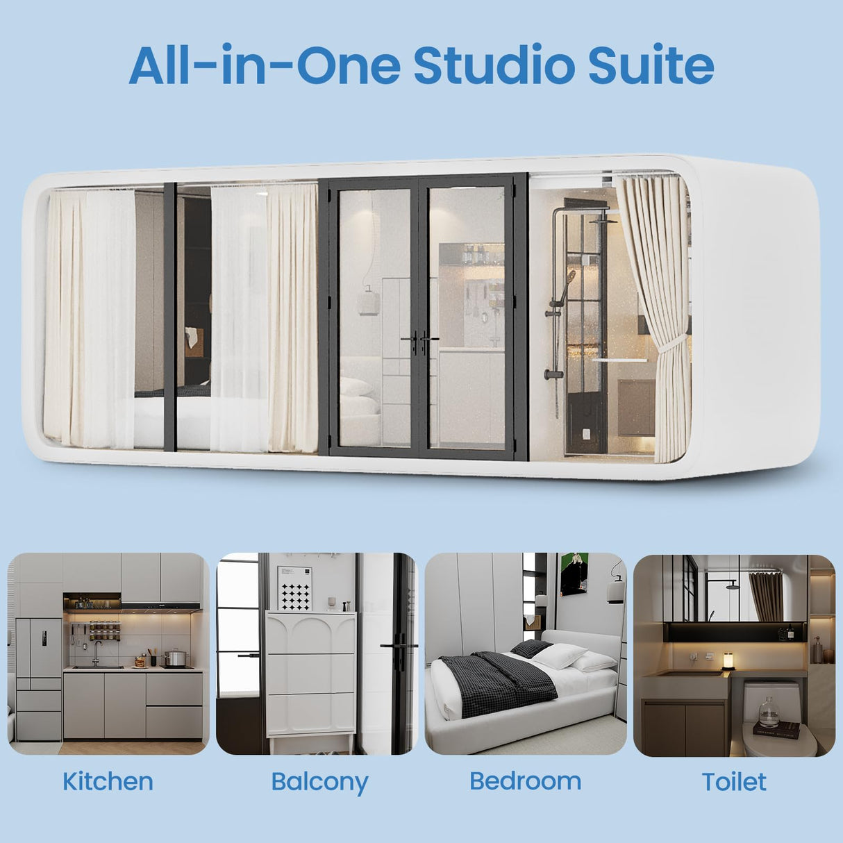 RYONGII 19FT Modern Prefab Steel-Framed Tiny House to Live in - Built for 16-Storm Winds & Earthquakes Proof，Customizable Mobile Cabin with Full Kitchen & Bath - Backyard Office, Guest House, ADU RYONGII