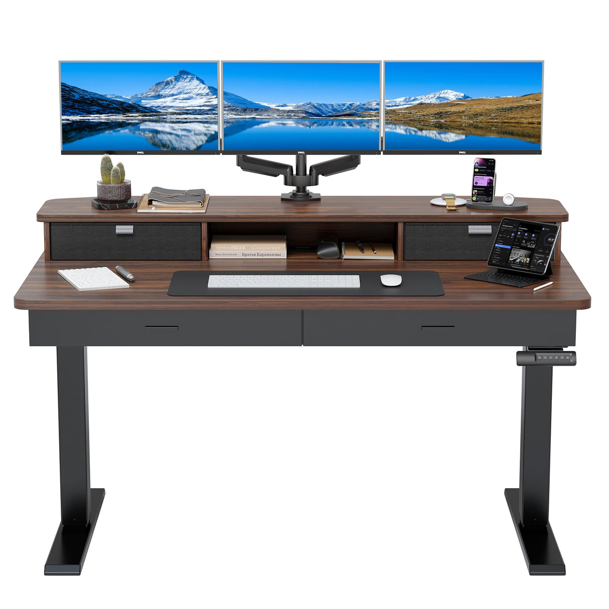 HUANUO 55 x 30 inch Electric Standing Desk with Wood Drawers, Adjustable Height Sit Stand Home Office Desk with Two Tiers, Ergonomic Adjustable Stand up Desk C-Clamp Monitor Mount Compatible, Walnut HUANUO