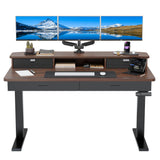 HUANUO 55 x 30 inch Electric Standing Desk with Wood Drawers, Adjustable Height Sit Stand Home Office Desk with Two Tiers, Ergonomic Adjustable Stand up Desk C-Clamp Monitor Mount Compatible, Walnut HUANUO
