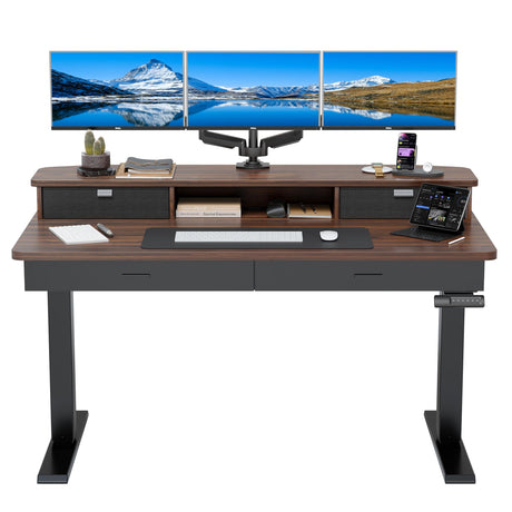 HUANUO 55 x 30 inch Electric Standing Desk with Wood Drawers, Adjustable Height Sit Stand Home Office Desk with Two Tiers, Ergonomic Adjustable Stand up Desk C-Clamp Monitor Mount Compatible, Walnut HUANUO