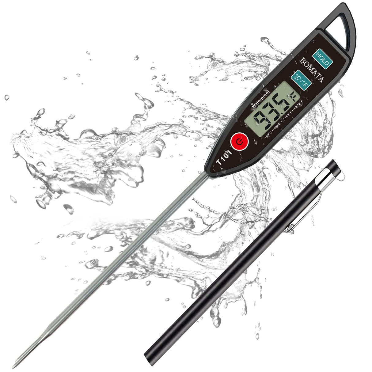 BOMATA Waterproof IPX7 Thermometer for Water, Liquid, Candle and Cooking. Instant Read Food Thermometer with Long Probe for Cooking, Meat, BBQ! T101 (Black Color)… BOMATA