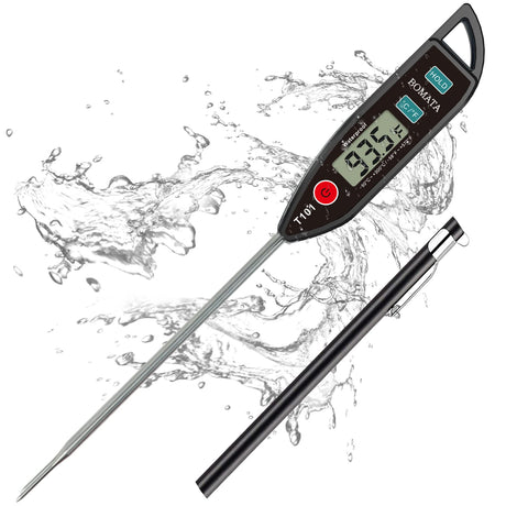 BOMATA Waterproof IPX7 Thermometer for Water, Liquid, Candle and Cooking. Instant Read Food Thermometer with Long Probe for Cooking, Meat, BBQ! T101 (Black Color)… BOMATA