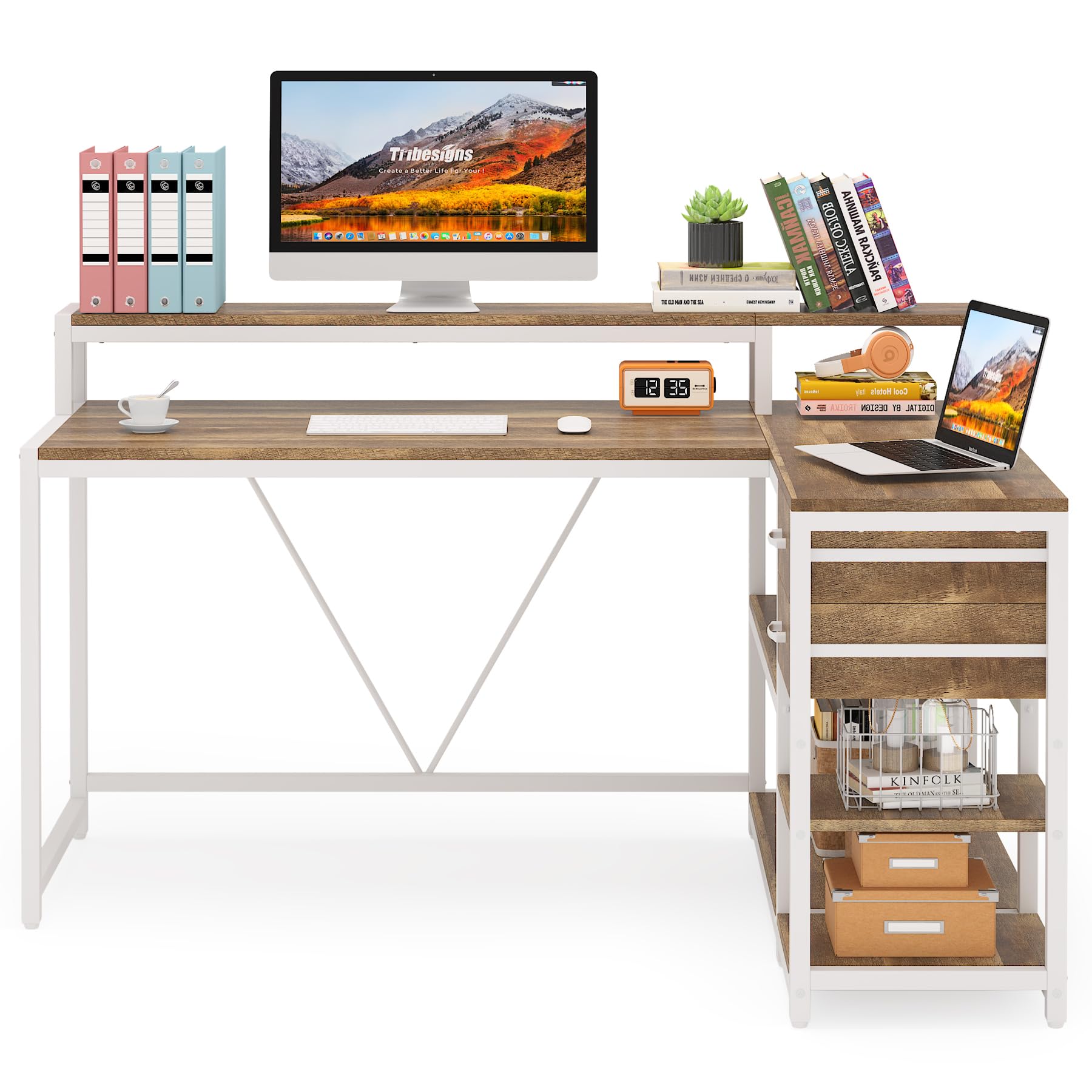 LITTLE TREE Reversible L-Shaped Computer Desk with hutch & Shelf,white - WoodArtSupply