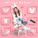 Ferghana Kawaii Pink Gaming Chair with Bunny Ears, Ergonomic Cute Gamer Chair with Footrest and Massage, Racing Reclining Leather Office Computer Game Chair 250lbs for Girls Adults Teens Kids Ferghana