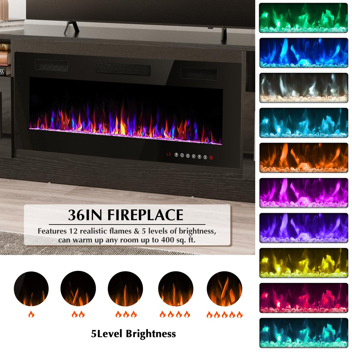 LEMBERI Fireplace tv Stand with 36 inch Fireplace Up to 80" TVs,LED Light Entertainment Center and Storage, 70" Modern Wood Media TV Console with Highlight Cabinet for Living Room (Black) LEMBERI