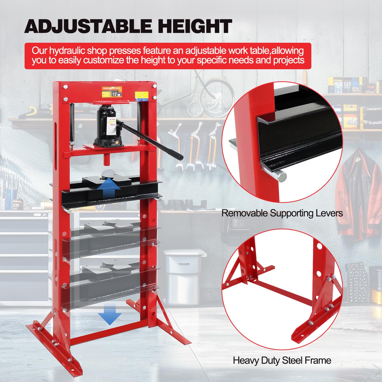 12 Ton Hydraulic Garage Press, H-Frame Hydraulic Shop Press with Adjustable Height, Garage Benchtop Press with Stamping Plates to Bend, Red - WoodArtSupply