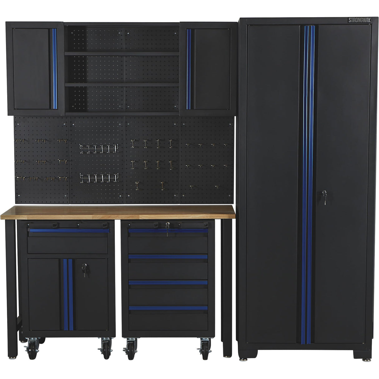 Strongway Steel Garage Storage System with Drawers, Pegboard, Shelves, Tabletop, 2 Rolling Cabinets, 81.5in. x 75.7in. Strongway