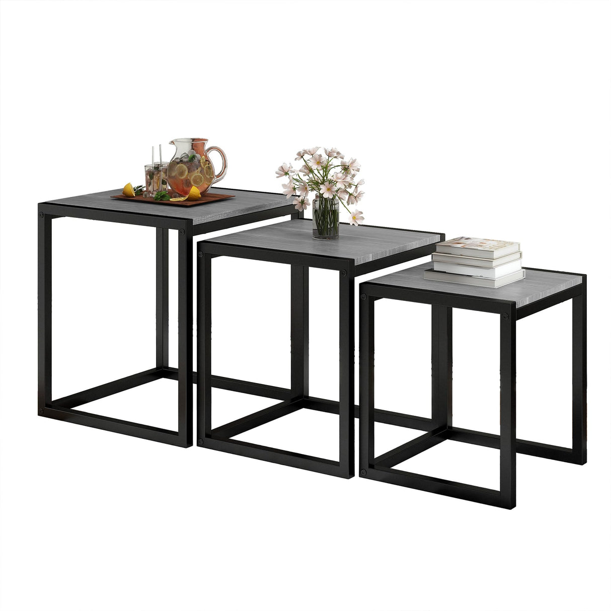 HAHRIR Nesting Table Set of 3 Side Tables, Modern Coffee Table Stacking End Table with Metal Frame (A-Square, Grey) HAHRIR