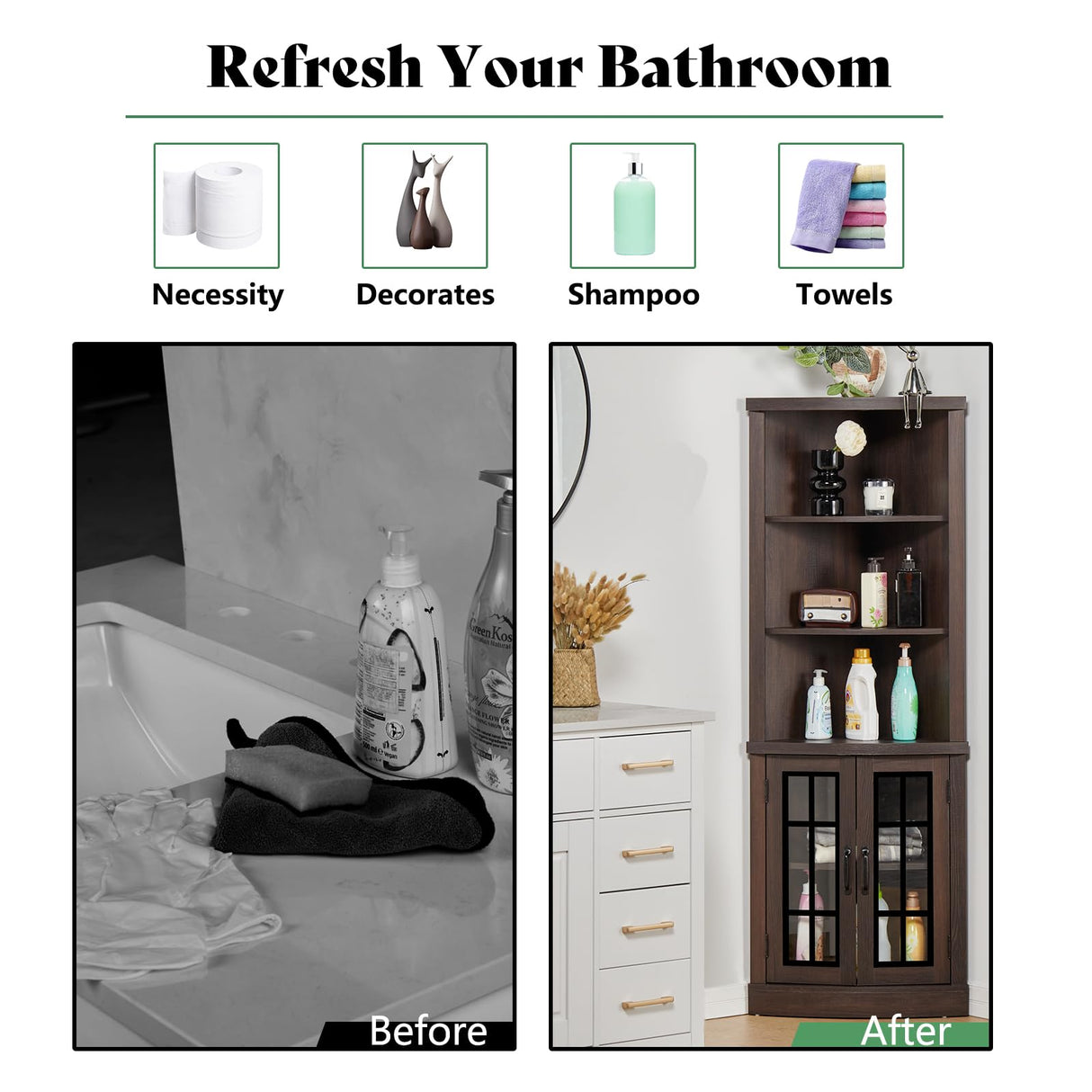 AMERLIFE Curved Corner Storage Cabinet, 65" Tall Freestanding Bookcase with Glass Doors & Adjustable Shelves, 5-Tier Corner Display Cabinet for Living Room, Bathroom, Laundry Room, Espresso AMERLIFE