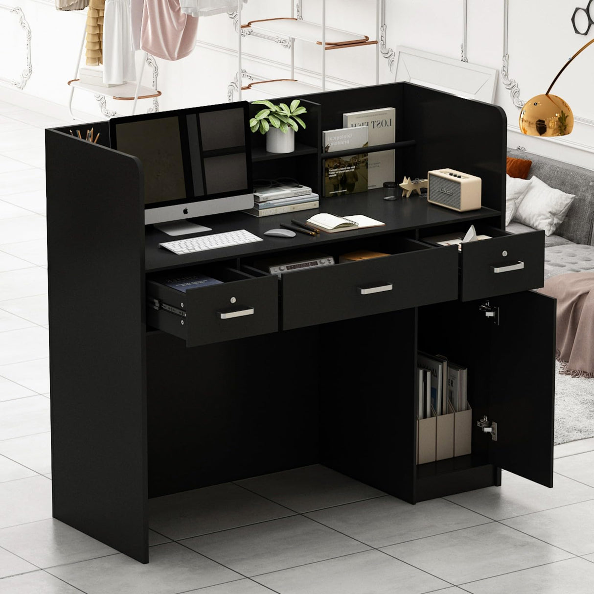 FUFU&GAGA Reception Desk with Counter, Lockable Drawers & Shelves, Cabinet, Front Counter Table for Checkout, Salon Reception Room Store Office, Black, 47.3" W x 18.3" D x 43.3" H FUFU&GAGA