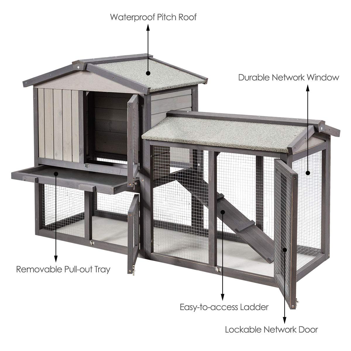 Tangkula Rabbit Hutch Indoor and Outdoor, 58-Inch Bunny Cage with Removable Tray & Ramp, Wood Chicken Coop with Waterproof Roof for Rabbits, Chicken and Guinea Pigs (Gray)