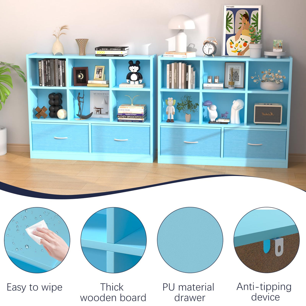 Adompacat Cube Bookshelf Storage Organizer Bookcase,8 Cube Open Mid-Centur Shelf,Freestanding Display Bookshelve, Modern Wide Kids Toy Shelf with Drawers for Bedroom Living Room Office,Blue Adompacat