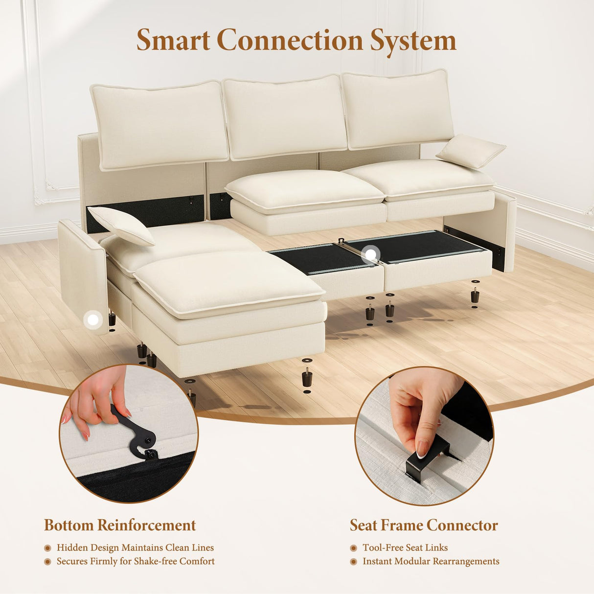 Vesgantti 142" U Shaped Sectional Couch, Comfy Cloud Modular Sectional Sofa with 2 Ottoman Deep Seat Chenille Modern Cloud Sofa, Modular Sofas for Living Room, Bedroom and Apartment, Beige Vesgantti