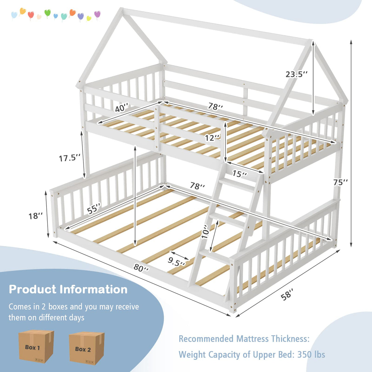 KOMFOTT White Twin Over Full House Bunk Bed with Built-in Ladder and Safety Guardrails KOMFOTT