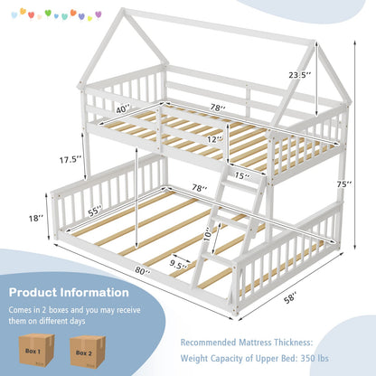 KOMFOTT White Twin Over Full House Bunk Bed with Built-in Ladder and Safety Guardrails - WoodArtSupply