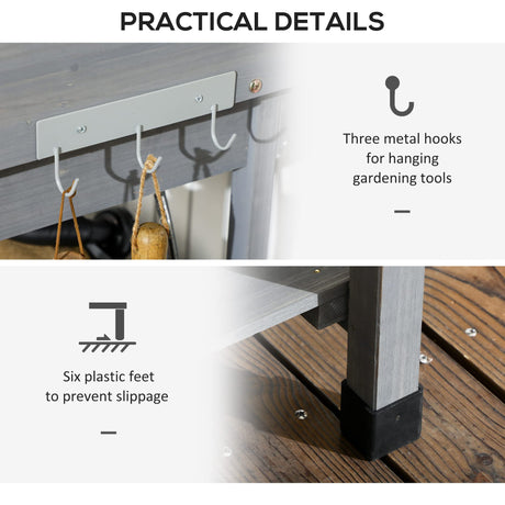 Outsunny Potting Bench Table, Outdoor Garden Table Wooden Work Station with Removable Sink, Faucet, Drawer, Shelves, Hooks, Gray Outsunny