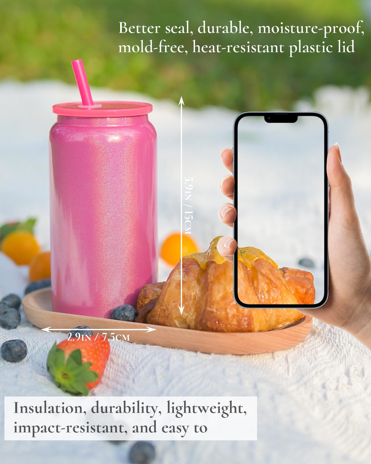 UIRZOTN Glass Cups with Lids and Straws, 16oz Stainless Steels Cups, Beer Cups, Iced Coffee Cup, Smoothie Cup, Sublimation Tumbler, Fuchsia (Shiny Polished Finish, Sublimatable) UIRZOTN