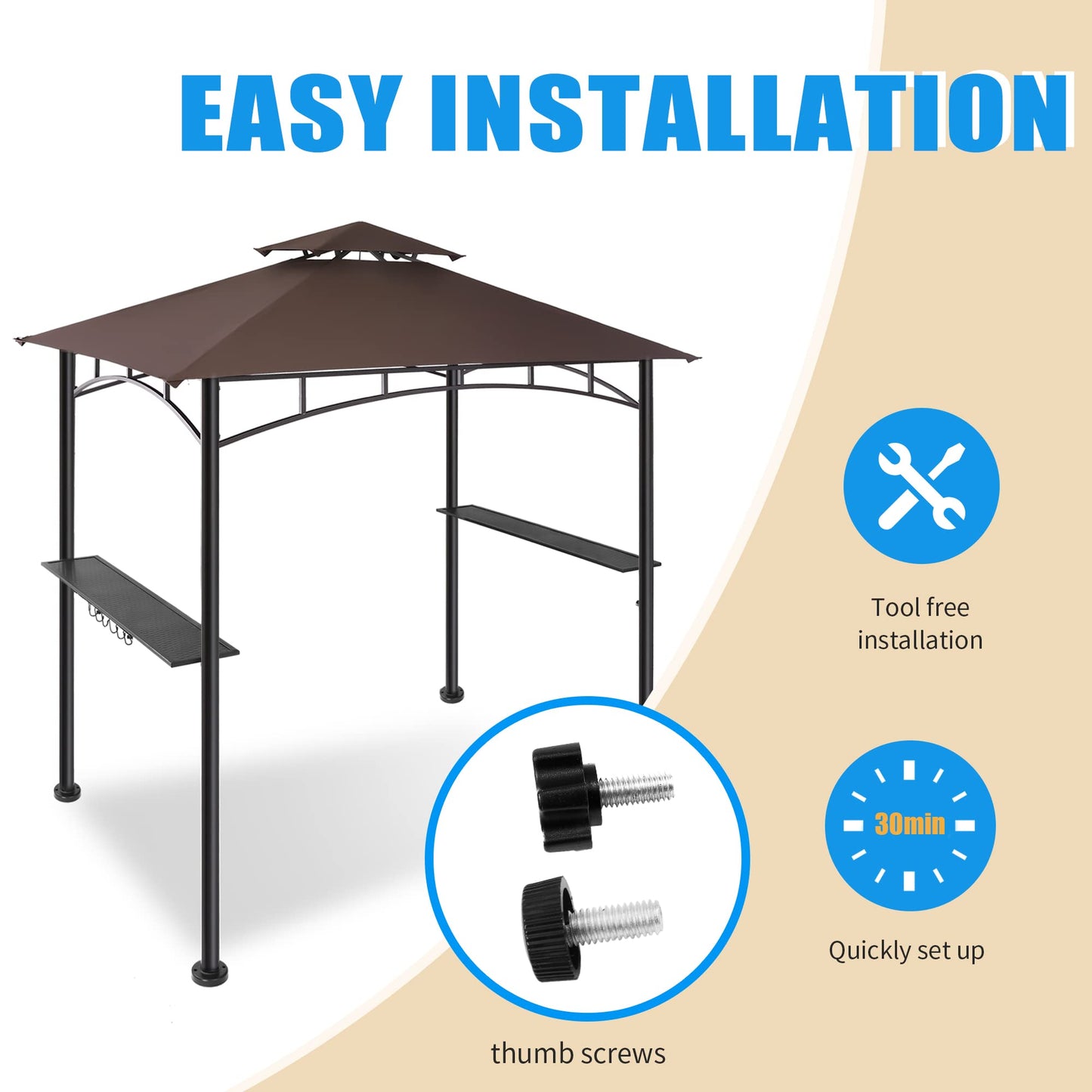 5x8ft Grill Gazebo Canopy for Patio, Outdoor BBQ Gazebo with Shelves & Extra 2 LED Light, (Brown) - WoodArtSupply