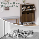 Smuxee Shoe Cabinet with 2 Flip Drawers, 23.6" Walnut Hidden Shoe Storage Cabinet with Fluted Design, Freestanding Shoe Organizer Cabinet for Entryway, Hallway, Closet, Living Room Smuxee