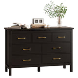 Tradare Black Dresser for Bedroom, 7 Drawer Wood Double Dresser with Golden Handles, Wide Chest of Organizer Storage Drawers for Living Room, Hallway, Entryway Tradare